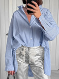 Bonnyshow Women's Shirt 100% Cotton Blue Striped Long Sleeved Leisure And Fashion Versatile Shirt Top Blue Loose Fitting Shirt