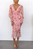 Bonnyshow  Summer Fashion New Style Women's Dress Elastic Waist Long Sleeve V-neck Printed Ruffle Edge Tight Hip Wrapping Dress