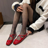 Bonnyshow  Cross Buckle Strap Flats Shoes for Women PU Leather Shiny Elegant Red Mary Janes Shoes Spring Autumn Square Toe Loafers Ladies
