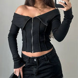 Bonnyshow Women Sexy T-shirt New Autumn Streetwear Fashion Zippers Long Sleeves Tees Elegant Lady Versatile Casual Slim T-shirt Clothing