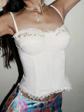 Bonnyshow  Floral Embroidery Summer Camisole Backless Slim Sexy Hottie Casual Sleeveless Crop Tops Basic Streetwear Clothings