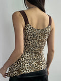 Bonnyshow Contrast Patchwork Leopard Print Slim Asymmetrical Tank Vest Female V Neck Y2K Summer Camisole Tops