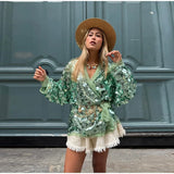 Bonnyshow  Retro Large Sequins Lace Up Shirt Women Fashion Glitter Loose Solid V-neck Open Shirts Coat Female 2025 Chic Street Outwear