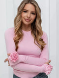Bonnyshow Floral 3D Design Top Women's Autumn New Slim Fit High-End Long Sleeved Shirt Female Round Neck Solid Color Chic T-shirt