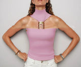 Bonnyshow  Summer Slim Top Hollow Out Shoulder Crop Vest Female Elegant Streetwear Sexy Backless Metal Ring Halter Women Tanks 2025 New
