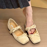 Bonnyshow  Women's Fashion Inner Increase Heel Shoes Spring New Square Head Shallow Mouth Suede Butterfly Knot Non-slip Heel Shoes