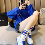 Bonnyshow Colorful Striped Socks for Women Spring Summer Breathable Cotton Sport Sock Korean Solid Color Lady Middle Tube Socks