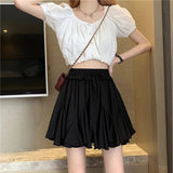 Bonnyshow Ruffled A-line Skirt Pleated Fluffy High Waist mini Skirts Elastic Waist Summer White Black Solid cake Aesthetic Skirt Female