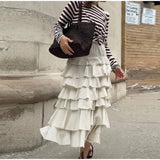 Bonnyshow  Ruffled Midi Skirt Womens Vintage Flounce Skirt Woman New Fashion Elegant Solid Long Skirts autumn Evening Party Skirts