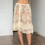 Bonnyshow Beige Lace Midi Skirt Women Sexy See Through Beach Bikini Cover Up Skirts Summer Fashion Shirring High Waist Holiday Skirt 2024