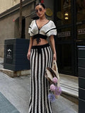 Bonnyshow Summer Knitted Beach Skirt Sets Women Sexy Hollow Out Slim Bohemian Outfits Fashion Striped Holiday Two Piece Set 2024 Beachwear