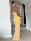 Bonnyshow  Yellow Fashion Tube Top Long Skirts Sets Women Sleeveless Backless Zipper Tops High Waist Pleated Skirt 2025 Spring Lady Outfits