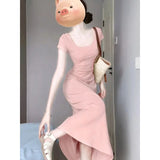 Bonnyshow  Summer Women's Korean Graceful Square Collar Slim Dress Lady Fashion Joker Solid Long Short Sleeve Dresses 2025 New Clothing