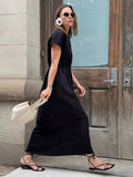 Bonnyshow  Elegant Women Short Sleeve Midi Dress New Spring Summer Sexy Round Neck Draped High Waist Robe Office Party Long Dresses