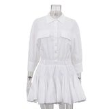 Bonnyshow  Casual Shirt Dress For Women Lapel Folds Short Dress Loose High Waist A-line Dress Buttons 2025 New Female White Dresses