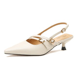 Bonnyshow  New Summer Solid Color Pointed Patent Leather Mid-heels Sandals Elegant Slingback Temperament Single Shoes Zapatos De Mujer