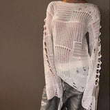 Bonnyshow  Summer New Style Vintage Ripped Hole Grunge Sweater Women Casual Loose Jumper Solid Long Pullovers Knitted Hollow Out Holidays