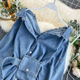 Bonnyshow Women's Denim Shirt Dress Straps Waist Thin Single-breasted Pockets Jacket Cowboy Blouses Belted Cardigan A-Line Dress Vestido