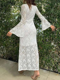 Bonnyshow  Spring Summer Women Square Collar Party Elegant Lace Patchwork Simple Maxi Dress, Long Flare Sleeve Fashion Ladies Dress
