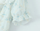 Bonnyshow  Sweet Girl Lace Spliced Embroidery Printed Dress Women Vintage Puff Sleeve V Neck A-line Mini Summer Dresses Holiday Robe