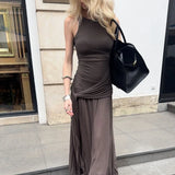 Bonnyshow Brown Ruched Maxi Dress for Women Elegant Sleeveless Slim Evening Party Dresses Summer Fashion Bandage Holiday Outfits