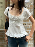 Bonnyshow  Fashion Solid Slim Lace Trim Bow Women Chic T-Shirts Ruffly Causal Simple Summer Trendy Sweet Cute Blouses