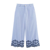 Bonnyshow  Openwork Embroidery Striped Wide Leg Pants Women Vintage High Waist With Pockets Casual Summer Trousers pantalones