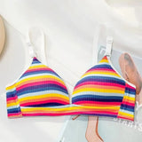 Bonnyshow New Rainbow Bras Cotton Thin Cup Push Up Bra Small Chest No Steel Ring Wirelss Soft Bra Student Sweet Bra