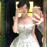 Bonnyshow  French Sweet Square Neck Small Flying Sleeve Floral Princess Puffy Dresses Women Summer Waist Slimming A-line Temperament Dress