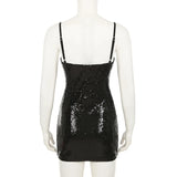 Bonnyshow  Elegant Sequin V-neck Evening Party Dress Women Spaghetti Strap Sleeveless Mini Dress Fashion Vintage Y2K Clubwear