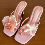 Bonnyshow  Flowers Decor Women's Flip Flops Summer Elegant Party Wedding Thin Heels Sandals Casual Streewear Satin Ladies Shoes New 2025