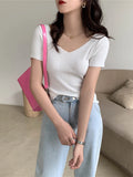 Bonnyshow   Basic V-neck Solid Thin Summer Pullover Women Female Knitted Ribbed Sweater Slim Short Sleeve Bodycon Sweater