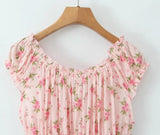 Bonnyshow  Sweet Women Pink Floral Print Mini Dress Sexy Off Shoulder Short Sleeve Elastic Waist Holiday Party Dress Summer Robe