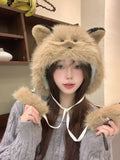 Bonnyshow Korean Bow Plush Bomber Cap Winter Thick Women Keep Warm Windproof Ear Protection Cute Pom-pom Beanie Hat With Lace