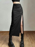 Bonnyshow Women New Skirt Summer Streetwear Fashion Zipper Casual Slim Split Maxi Skirt Black Sexy Club Party Elegant Versatile Lady Skirt