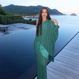 Bonnyshow  Tassel Striped Women's Long Dress Sexy Scarf Collar One Shoulder Full Sleeve Irregular Robes Summer Lady Party Evening Dresses