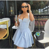 Bonnyshow  Women Solid Pleated High Waist Pleated Mini Dress Sexy Backless Sleeveless Bodycon Lace-up Dresses Summer Street Party Robes