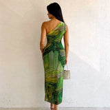 Bonnyshow Green Print Long Dress Women Fashion One Shoulder Slim Evening Party Dresses Summer Sexy Backless Ruched Maxi Dress