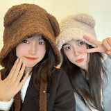 Bonnyshow Winter Knitted Plush Hat Women Cute Cartoon Bear Ear Ear Protection Cap Korean Autumn Solid Color Warm Windproof Hats