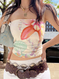 Bonnyshow  Fashion Simple Flower Prints Slim Fit Women Straps Tops Causal Design Summer Basic Hottie Holiday Style Blouses