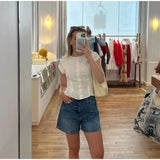 Bonnyshow  Chic Lace O-neck Shirt Pleated Skirt Set Lady Elegant White Slim Button Shirts High Waist Skirts Woman's Sets Retro Streetwear