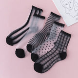Bonnyshow 5 pairsFashion Kawaii Women Socks Sexy Lace Mesh Fishnet Socks Mixed Transparent Stretch Elasticity Ankle Net Yarn Thin Sox