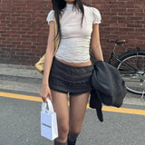 Bonnyshow  Shirred Slim Waist Top Summer Sexy Translucent Turtleneck Mesh T-shirt Polka Dot Printed Short Sleeve Tops Streetwear