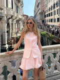 Bonnyshow  Two Pieces Set Women's Vest Skort Suits Sleeveless Button-front Top Ruffled Loose Shorts Summer Office Casual Daily Outfit