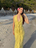 Bonnyshow  Elegant Yellow Halter A Line Prom Gowns Ruffles Tiered Backless Party Gown Summer Vacation Chiffon Long Evening Dress 2025