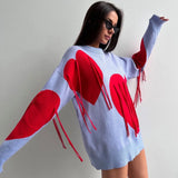 Bonnyshow Autumn Winter Sweater Women Elegant Fashion Lover Tassel Oversized Knitted Pullovers Casual Long Sleeve O-neck Warm Jumpers 2024