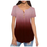 Bonnyshow  oversized Gradient Tops Sexy Low Cut Button V-neck Short Sleeve T Shirts Summer Casual Pullover Women Blouse Pleated Tees