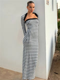 Bonnyshow Gingham Print Shawls Strapless Long Dress Women Color Block Two-piece Set Slim Maxi Dress Autumn/Winter Hottie Streetwear