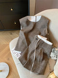 Bonnyshow  Coffee Linen Skirt Set Sleeveless Top Vest Short Skirts Summer New Fashion High End Casual Commuting Two Piece Set Women Outfits