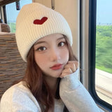 Bonnyshow Winter Warm Beanies for Women Love Heart Embroidered Knitted Hat Korean Fashion Female Crochet Woolen Hats